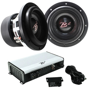 Front view of B2 Audio RAGE 3.5K Amplifier & 2 RAMPAGE8 8" Subwoofer Comb. 2 subwoofers, 1 amplifier, and bass knob shown.