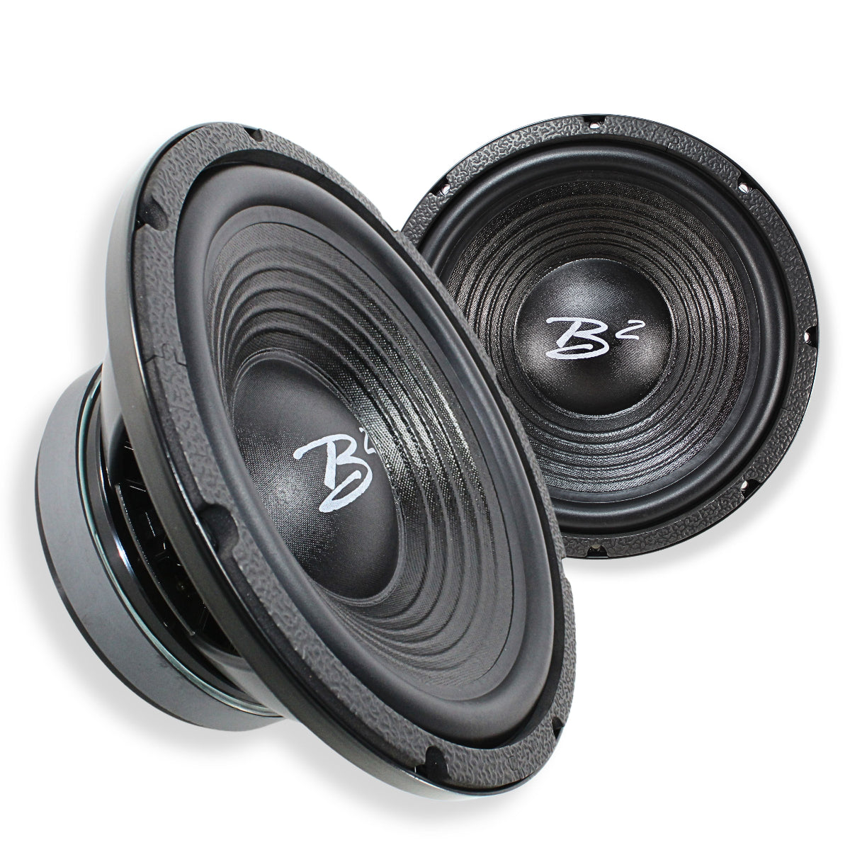 Pair of B2-RAGE12PWR Speakers main image view of the right side and front of the Pair.