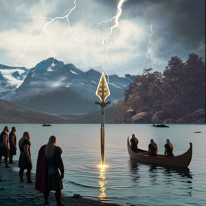 B2 Audio USA Vikings staring at a triton floating above water with lightning striking in the mountainy background