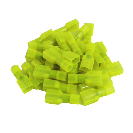100 Pack 10 to 12 AWG Yellow Nylon Female Quick Disconnects Insulated Terminals