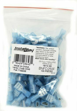 100 Pack Blue Nylon Female Quick Disconnects 16 to 14 AWG Insulated Connectors