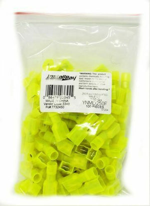 100 Pack 10 to 12 AWG Yellow Nylon Male Quick Disconnects Insulated Terminals