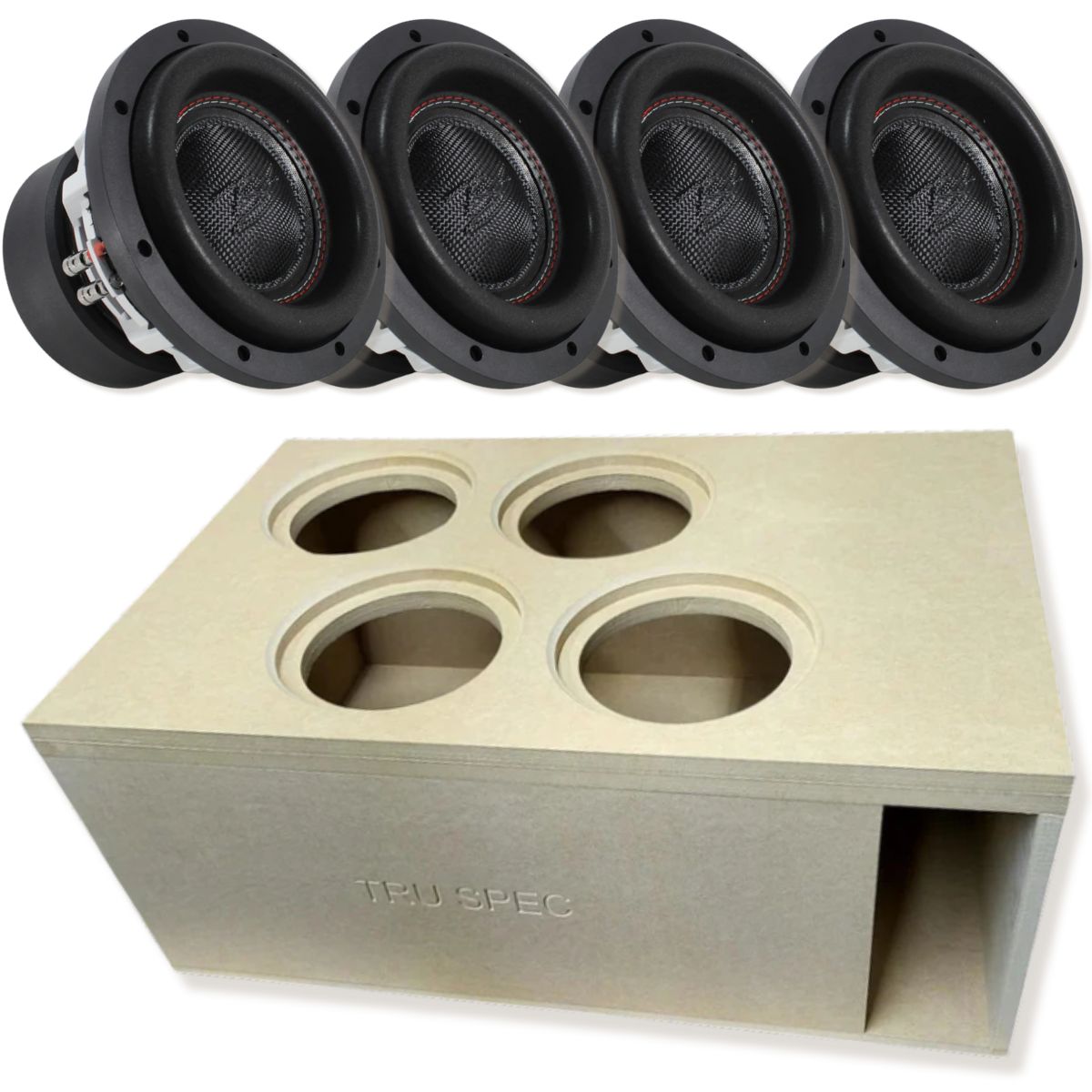 Four RAGE 8" DVC 500W RMS Subwoofer w/ Tru Spec Vented Quad 8" Enclosure