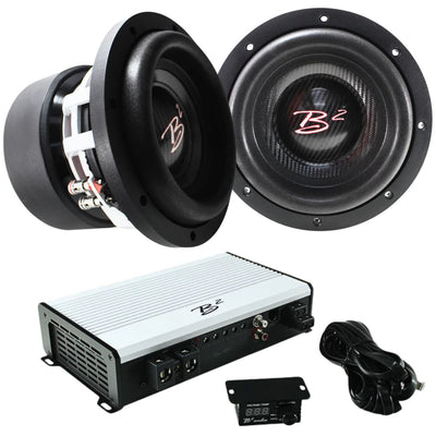 Front view of B2 Audio RAGE 3.5K Amplifier & 2 RAMPAGE8 8" Subwoofer Comb. 2 subwoofers, 1 amplifier, and bass knob shown.