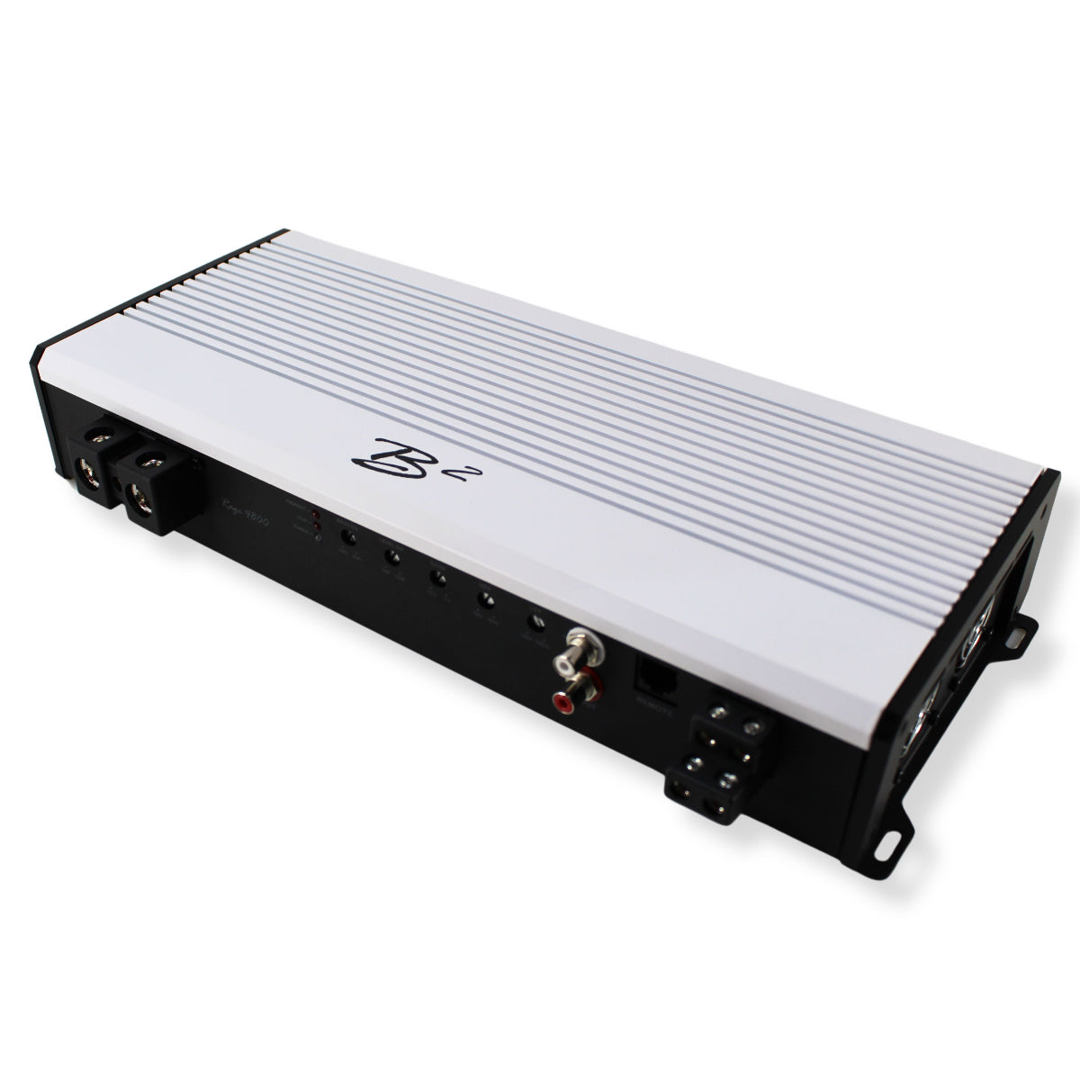 B2-RAGE-4800 amplifier top and side view from a right angle. In/outs and controls are visible.