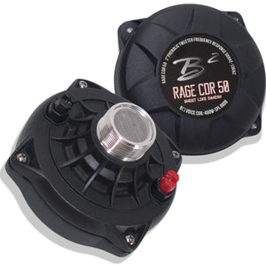 B2 Audio RAGE CDR 50 compression driver pair with black aluminum housing, 1-inch twist-on throat and 2-inch voice coil for high-frequency pro audio car speaker systems.