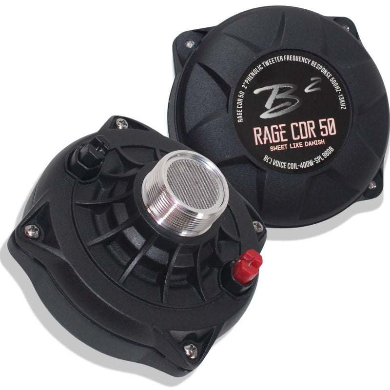 B2 Audio RAGE CDR 50 compression driver pair with black aluminum housing, 1-inch twist-on throat and 2-inch voice coil for high-frequency pro audio car speaker systems.