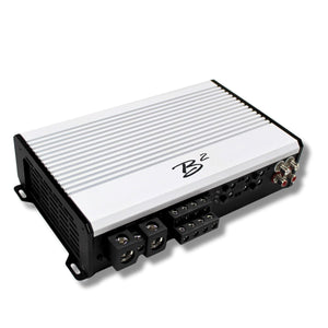 side front view of B2 Audio USA RAGE 1200W 4-Channel 2-Ohm Full Range Amplifier inputs/outputs/and controls run along the side and are visible in image.