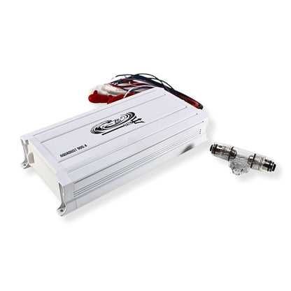 Discover the B2 Audio VATN AquaDust: 800W peak, 4‑channel, 2‑Ω Class‑D marine amplifier Fully waterproof & rugged—built for power and performance on the water. Front side angled view Showing included wires and connee===