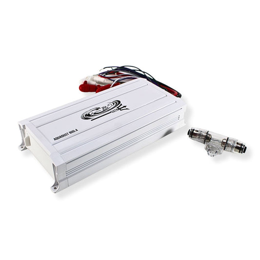 Discover the B2 Audio VATN AquaDust: 800W peak, 4‑channel, 2‑Ω Class‑D marine amplifier Fully waterproof & rugged—built for power and performance on the water. Front side angled view Showing included wires and connee===