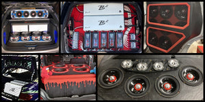 “Collage of custom B² car audio installations, including trunk subwoofer builds, amplifier racks with detailed wiring, and door speaker panels with multiple midrange drivers and tweeters.”