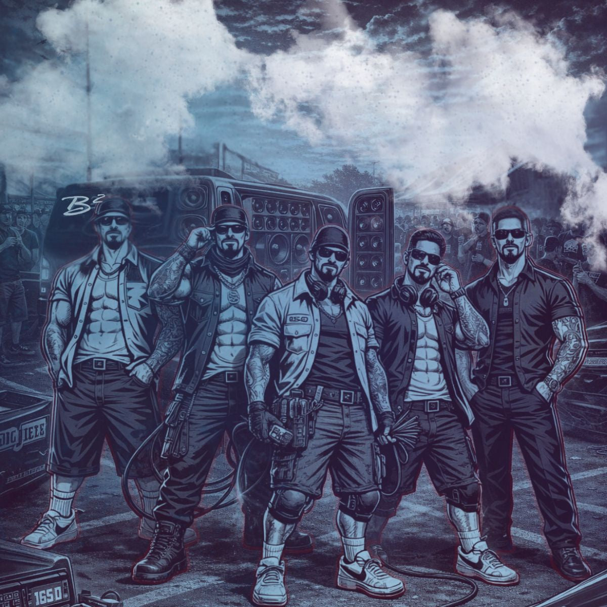 Cholo Series Team Photo, Series infographic “Stylized illustration of five muscular men in streetwear standing in front of a large car audio speaker wall at a nighttime event, with smoke and a crowd in the background.”