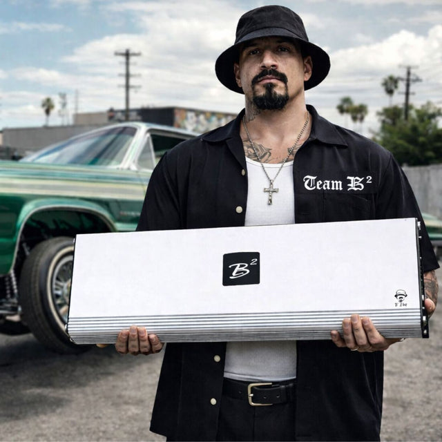 El Cholo Amp YouTube thumbnail. AI Generated image of a Cholo holding the Amp in front of a green and gold low rider car. 