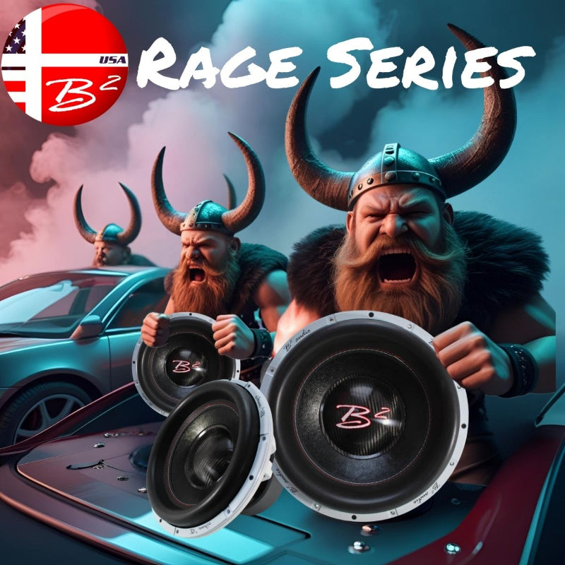 B2 Audio Rage SERIES Vikings holding Subwoofer Landing Page Hero Graphic.