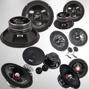 Collage of Riot Series Speakers. front, back and side views assortment.