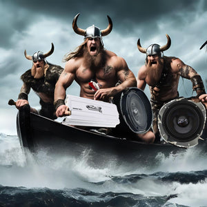 B2 audio USA Cartoon Vikings in a boat with the Vatn Amplifier and speaker shields ready to battle for making it loud.