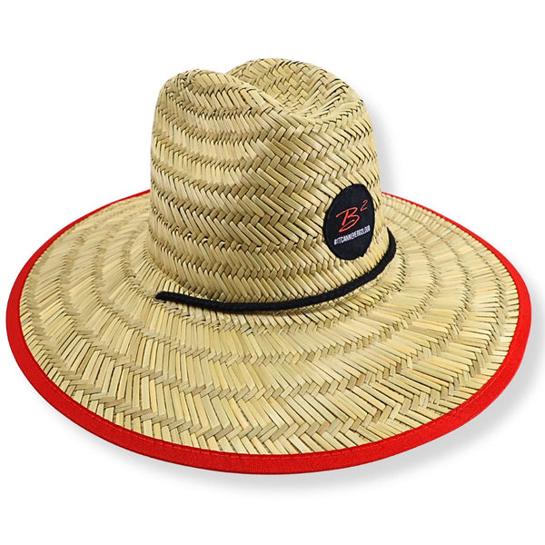 B2 Audio Wide Brim Straw Hat 100% Grass Red Trim Car Audio Show Sun Hat