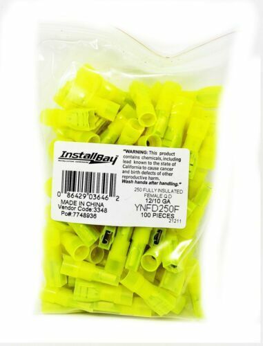 100 Pack 10 to 12 AWG Yellow Nylon Female Quick Disconnects Insulated Terminals