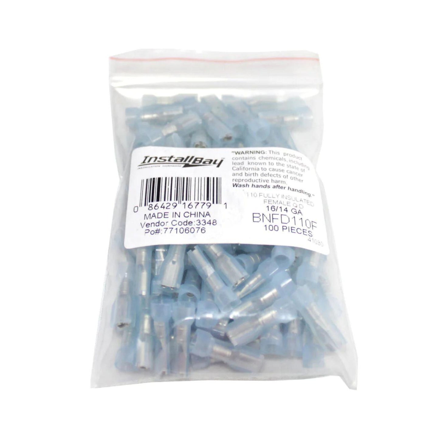 100 Pack 16–14 AWG Blue Nylon Female Quick Disconnects .110 Terminals BNFD110F